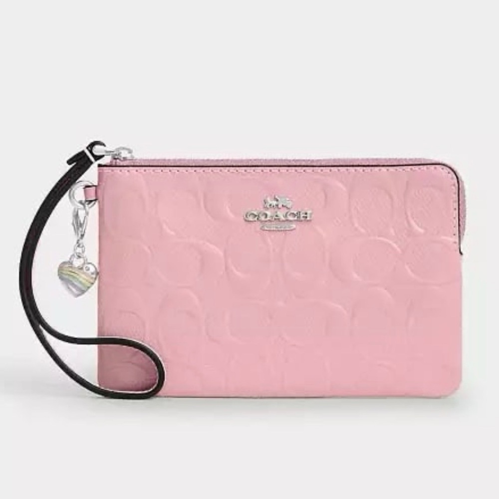 Coach Corner Zip Wristlet & Heart Charm Pearlized Signature Patent Leather NWT